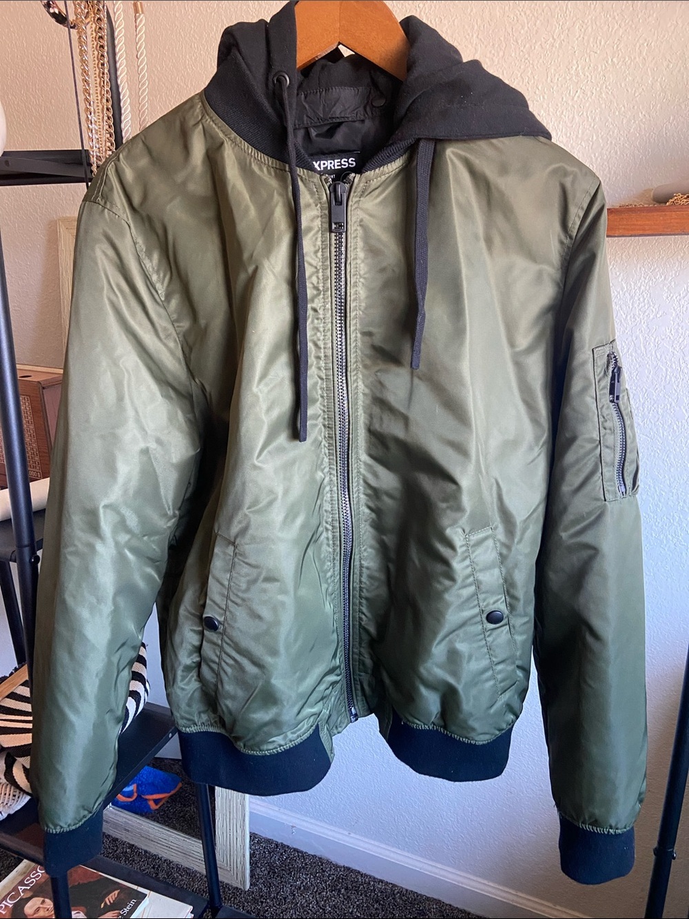 Express Olive Green Bomber Jacket with Black Hood